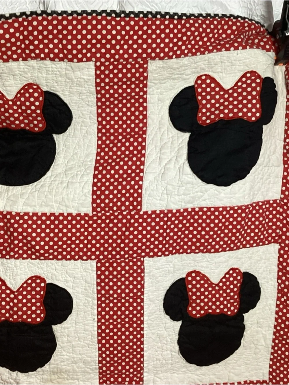 Vintage Handmade Minnie Mouse Themed Baby Quilt Red White Black Polka Dots
